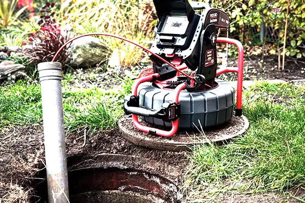 Kloakmester i gang med kloakarbejde ved brug af kameraudstyr til inspektion af kloak gennem åbent dæksel i privat have