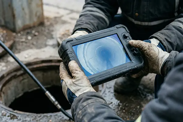 Kloakmester bruger TV-inspektionsudstyr til at undersøge kloakrør i et dansk parcelhus uden opgravning